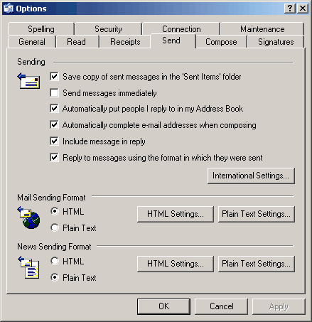 outlook express send options